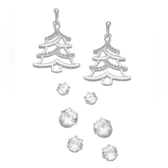 Anthropologie Fine Silver Plated Cubic Zirconia Tree Four Piece Earring Set - Picture 3 of 6